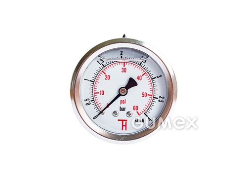 Manometer glycerínový so zadným vývodom, priemer 63mm, vonkajší závit G 1/4", 0-4bar, trieda presnosti 1,6%, priezor akryl, púzdro nerezová oceľ, -40°C/+60°C